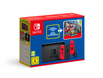 Nintendo Switch console (red) + Super Mario Odyssey download code + The Super Mario Bros. Movie stickers